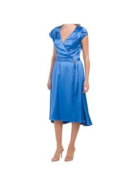 Tahari ASL NWT Women's Royal Blue Satin Midi Wrap Dress, Cap Sleeves Size 8